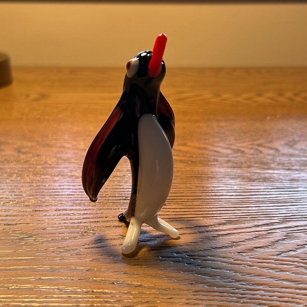 Vintage Glass Penguin Figurine Black White Hand Blown Mid Century 1970s